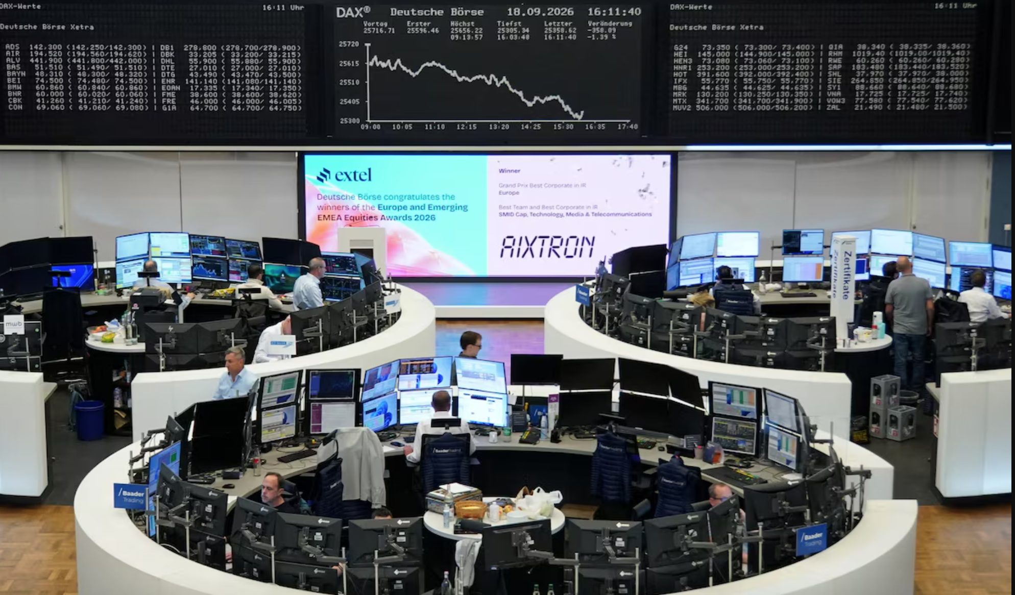 Traders at their desks on the trading floor, with market boards overhead